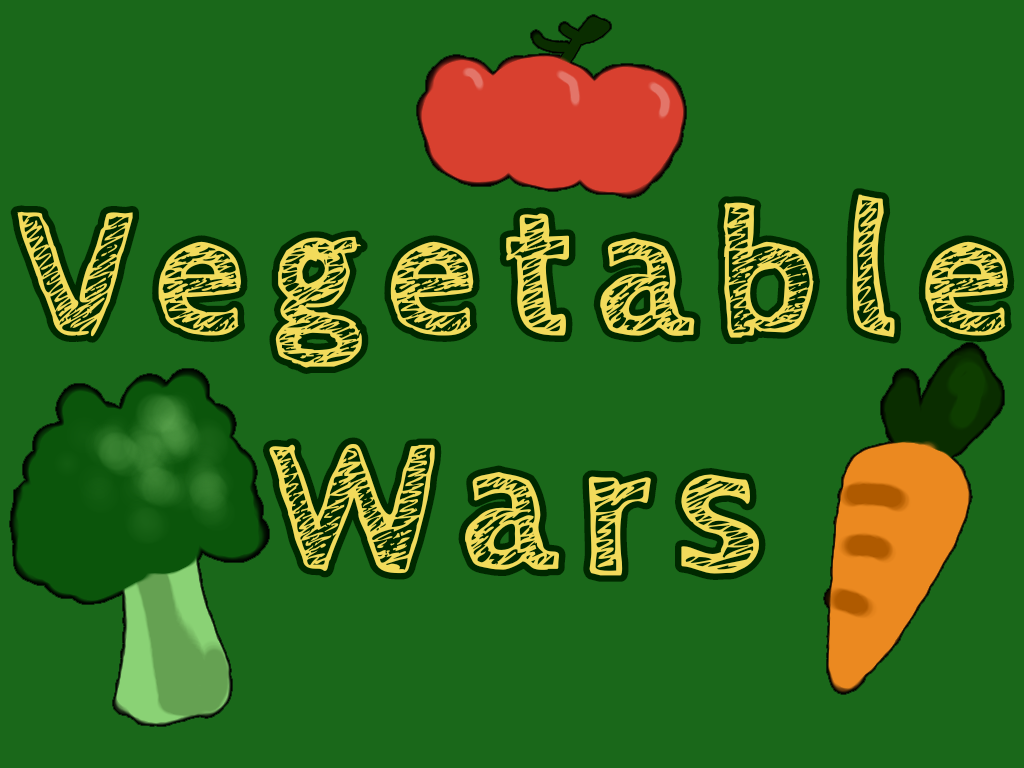 Text reading “Vegetable Wars,” and illustrations of a tomato, a carrot, and a stem of broccoli.